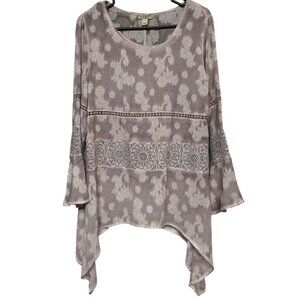 One World Women's Long Sleeve Tunic w/Tank Top Liner Purple Floral Lace Size M